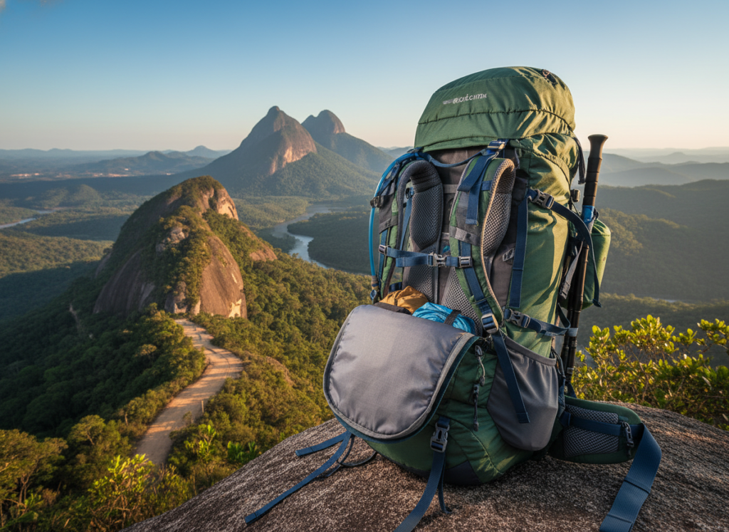 Mochila trekking perfeita para trilhas e caminhadas no Brasil. 2 A detailed trekking backpack designed for comfort and optimal fit, prominently displayed in the foreground, showcasing adjustable straps, padded back support, and multiple compartments. The middle area features a vibrant Brazilian landscape with lush greenery, rocky trails, and distant mountains under a bright, clear sky, evoking a sense of adventure. In the background, a gentle sunlight bathes the scene, enhancing the colors and creating soft shadows. The image should convey a mood of exploration and readiness for outdoor activities, inviting viewers to imagine themselves embarking on a thrilling hiking journey. The shot should be taken from a slightly low angle, emphasizing the backpack's features and its ideal usage in a natural setting.