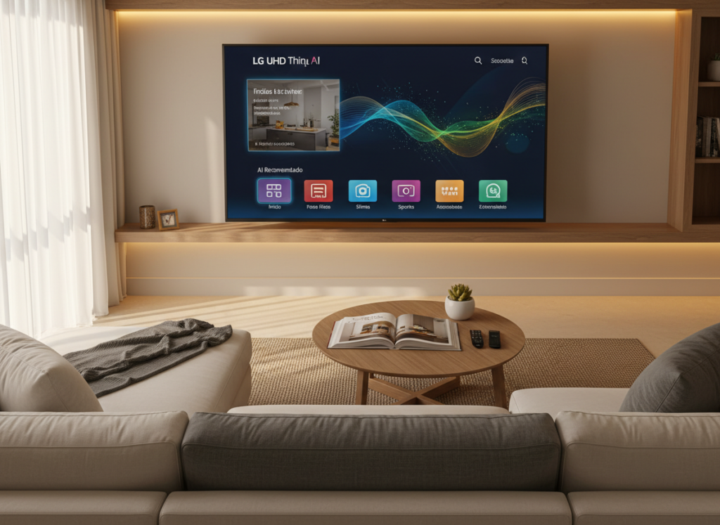 A modern living room featuring a sleek LG UHD Smart TV prominently displaying the LG ThinQ AI interface in Portuguese. In the foreground, a cozy sofa with neutral-toned cushions faces the TV. The middle-ground includes a stylish coffee table adorned with modern decor items like a coffee book and a small plant, emphasizing a comfortable home environment. In the background, soft golden lighting enhances the cozy atmosphere and reflects off the TV screen, showcasing vibrant, engaging visuals of AI-assisted features. The angle is slightly elevated, providing a dynamic view of the room. The overall mood is inviting, highlighting the integration of technology in daily life.