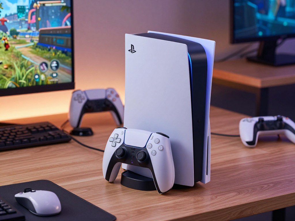 Estação de carregamento controle PS5 dicas e melhores opções. 2 A sleek and modern PlayStation 5 controller charging station sits prominently in the foreground, featuring a glossy white and black design that complements the PS5 console. The charging station is plugged into an outlet, with two PS5 controllers resting on it, their LED lights glowing softly to indicate charging status. In the middle ground, a stylish gaming setup is visible, complete with a PS5 console, a high-resolution screen displaying a vibrant game world, and gaming accessories. The background shows a well-organized and inviting gaming room with ambient lighting that creates a cozy atmosphere. The scene is captured with a slight overhead angle, emphasizing the charging station's functionality while ensuring the overall mood is focused on gaming convenience and technology. The lighting is warm and inviting, enhancing the sleek aesthetic of the electronics.