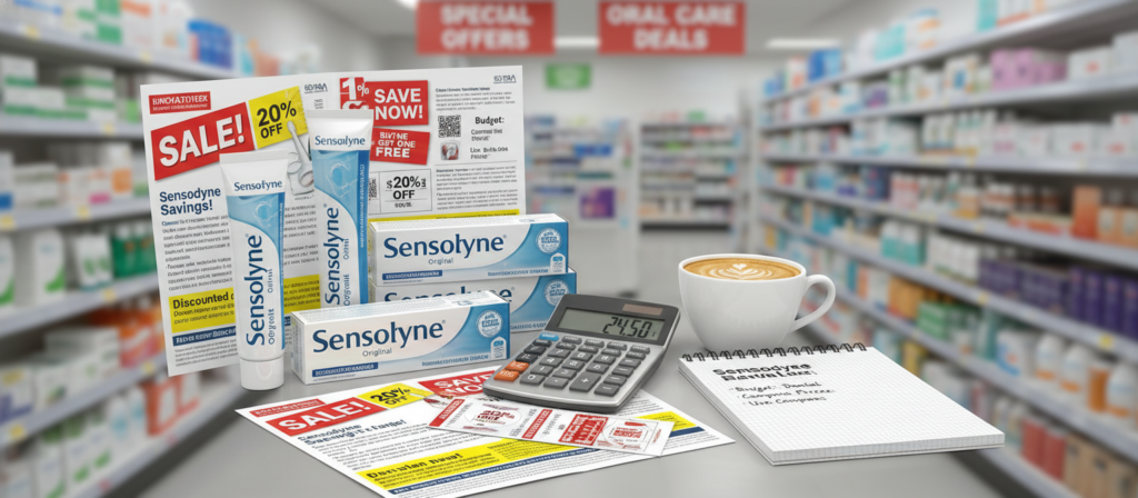 A visually engaging composition illustrating tips for saving money on Sensodyne Original toothpaste. In the foreground, a neatly arranged assortment of Sensodyne Original products, strategically placed alongside various promotional flyers and coupons showcasing discounts. In the middle ground, a calculator, a notepad with budgeting notes, and a cup of coffee to convey a thoughtful planning atmosphere, emphasizing financial considerations. The background features a soft-focus pharmacy setting with visible signage indicating special offers, creating a consumer-friendly vibe. Lighting should be bright and inviting, enhancing the sense of practicality and warmth. The overall mood should be optimistic and resourceful, encouraging viewers to consider economical choices for their dental care.