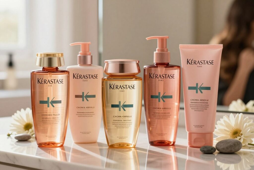 A beautifully arranged composition of hair care products specifically designed for color protection and repair. In the foreground, prominently feature Kérastase Chroma Absolu Chroma Filler along with other complementary products such as shampoos and conditioners, elegantly displaying their sleek, vibrant packaging. The middle ground should include a subtle reflection in a polished surface, suggesting luxury and care. The background remains softly blurred with warm, natural light to create a soothing atmosphere, evoking the feeling of a serene salon environment. Incorporate elements like fresh flowers or decorative stones to enhance the aesthetic appeal, ensuring the mood is one of elegance and healthiness for strong, vibrant hair. The overall angle should be slightly elevated, capturing the richness of the colors and textures.