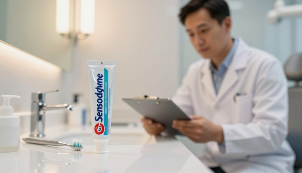 A close-up image of a Sensodyne Professional toothpaste tube, prominently displayed on a sleek, shiny bathroom countertop. The toothpaste packaging is modern and professional, emphasizing its expert formulation for sensitive teeth. In the background, a reflective bathroom mirror shows soft ambient lighting, creating a warm and inviting atmosphere. A professional dentist, dressed in a crisp white coat, leans over the countertop with a clipboard, looking thoughtfully at the toothpaste while surrounded by dental tools and a softly lit dental chair. The focus is on the toothpaste and the dentist's facial expression, conveying a sense of trust and authority in oral care. The scene should be well-composed with a shallow depth of field, capturing the essence of professional dental advice.