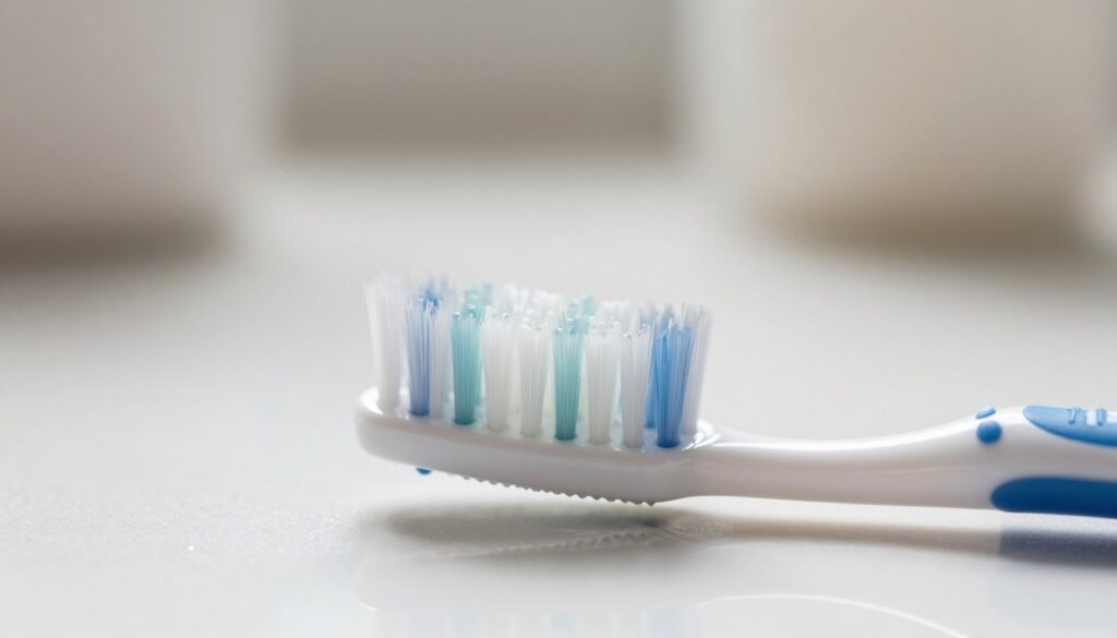 A close-up image of a toothbrush with extra-soft, pointed bristles, showcasing the innovative design that ensures deep cleaning without abrasion. The foreground features the toothbrush angled slightly, highlighting the bristle texture and arrangement. In the middle ground, a smooth, reflective surface beneath the toothbrush adds a touch of elegance, enhancing focus on the product. The background is softly blurred with gentle neutral tones, creating a calm and minimalistic atmosphere. The lighting is bright but diffused, emphasizing the toothbrush’s features while casting soft shadows for depth. Capture a sense of freshness and hygiene, inviting the viewer to appreciate the advanced technology of gentle dental care.