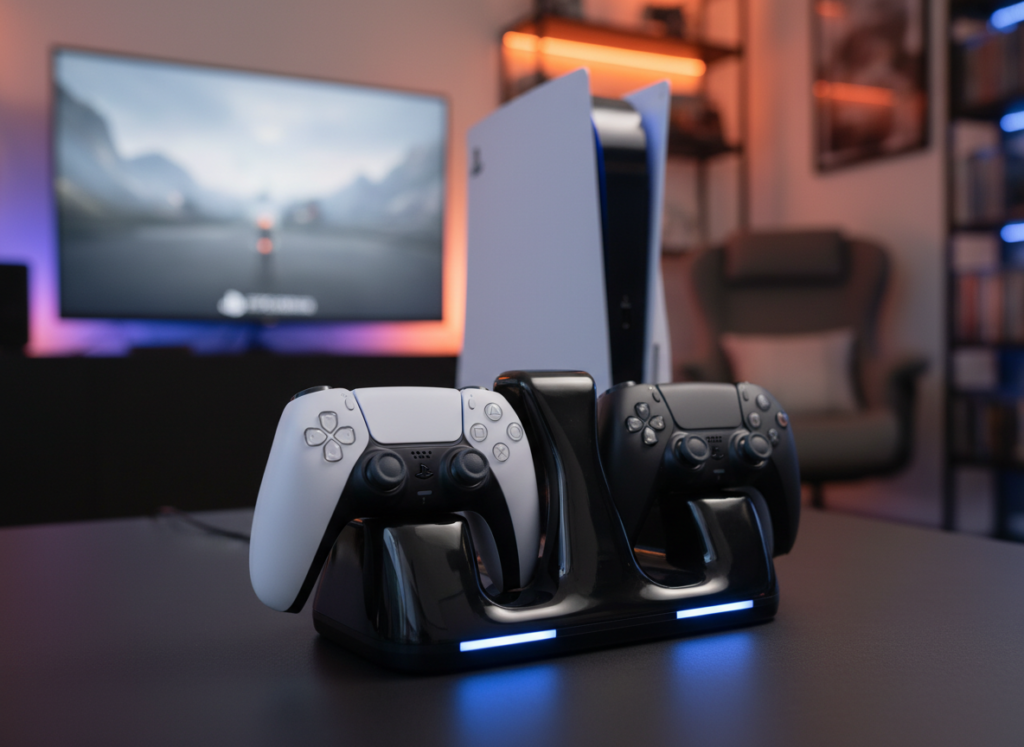 A close-up view of a DualSense charging station designed for PlayStation 5 controllers, prominently displayed in the foreground. The station is sleek and modern, with a glossy black finish and subtle LED indicators showing charging status. Surrounding the charging base are two DualSense controllers, one in black and one in white, nestled securely in their slots. The middle ground features a stylish gaming setup with a PS5 console partially visible, enhancing the context. The background includes a soft-focus gaming room atmosphere, illuminated by warm ambient lighting that creates a cozy, inviting mood, evoking the excitement of gaming. The image should have a shallow depth of field, with sharp focus on the charging station and controllers, capturing intricate details like textures and reflections. A close-up view of a DualSense charging station designed for PlayStation 5 controllers, prominently displayed in the foreground. The station is sleek and modern, with a glossy black finish and subtle LED indicators showing charging status. Surrounding the charging base are two DualSense controllers, one in black and one in white, nestled securely in their slots. The middle ground features a stylish gaming setup with a PS5 console partially visible, enhancing the context. The background includes a soft-focus gaming room atmosphere, illuminated by warm ambient lighting that creates a cozy, inviting mood, evoking the excitement of gaming. The image should have a shallow depth of field, with sharp focus on the charging station and controllers, capturing intricate details like textures and reflections.