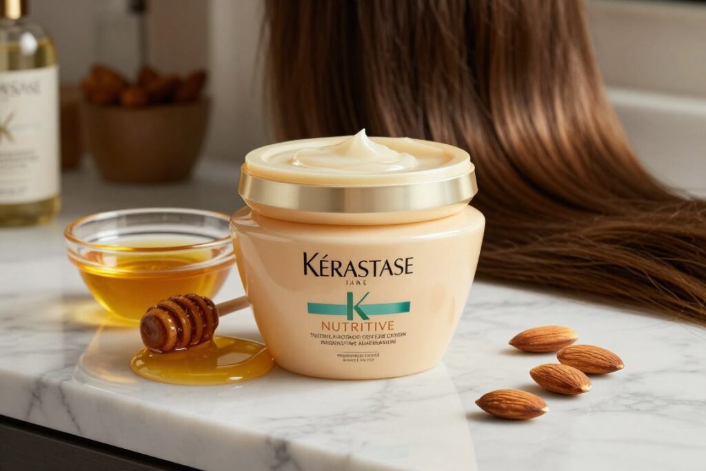 A close-up view of a luxurious Kerastase Nutritive hair mask jar, placed on a sleek marble countertop. The jar should be prominently displayed, with its elegant design capturing the light beautifully. Surrounding the jar, a scattering of nourishing ingredients, such as honey and almond oil, are artistically arranged. In the background, soft-focus images of lush, healthy hair cascading down, highlighting the effectiveness of the product. The lighting is warm and inviting, creating a cozy, pampering atmosphere. The scene is tranquil, evoking a sense of indulgence and self-care, ideal for promoting healthy, strong hair. The angle should be slightly tilted to create a dynamic composition while maintaining the focus on the hair mask.
