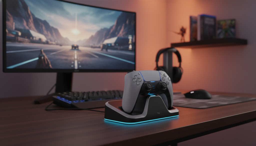 A detailed and sleek image of a PS5 DualSense charging station, prominently displayed in the foreground with two controllers seamlessly docked, glowing softly to indicate they are charging. The charging base should be illuminated subtly from underneath, casting a gentle light that accentuates its modern design. In the middle ground, a stylish gaming setup featuring a high-resolution monitor and elegant gaming accessories creates an immersive atmosphere. The background softly blurs out with a warm color palette to evoke a cozy gaming environment. The lighting should be soft yet dynamic, enhancing the sleek lines and contours of the charging station. The mood is futuristic yet inviting, ideal for avid gamers who appreciate both aesthetics and functionality. A detailed and sleek image of a PS5 DualSense charging station, prominently displayed in the foreground with two controllers seamlessly docked, glowing softly to indicate they are charging. The charging base should be illuminated subtly from underneath, casting a gentle light that accentuates its modern design. In the middle ground, a stylish gaming setup featuring a high-resolution monitor and elegant gaming accessories creates an immersive atmosphere. The background softly blurs out with a warm color palette to evoke a cozy gaming environment. The lighting should be soft yet dynamic, enhancing the sleek lines and contours of the charging station. The mood is futuristic yet inviting, ideal for avid gamers who appreciate both aesthetics and functionality.
