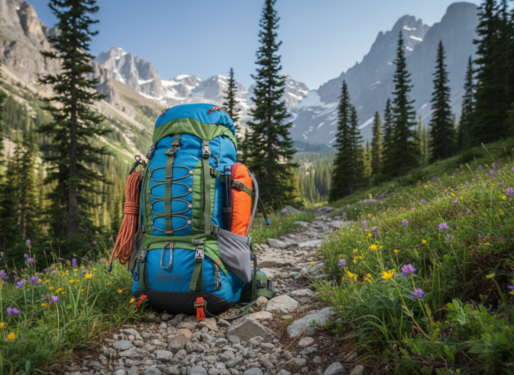 A detailed image of a trekking backpack prominently displayed in a natural outdoor setting. The foreground features a rugged, multi-pocketed trekking backpack in vibrant colors, showing intricate stitching and various attachments for gear. In the middle, include a rocky hiking path with scattered wildflowers and pine trees, enhancing the adventurous feel. The background showcases majestic mountains under a clear blue sky, with soft, diffused sunlight highlighting the textures of the landscape. The scene should evoke a sense of exploration and nature, with a serene atmosphere. The composition should be shot with a slightly low angle to emphasize the backpack's features against the stunning backdrop, capturing the essence of trekking adventures without any people, ensuring a focus on the gear itself. A detailed image of a trekking backpack prominently displayed in a natural outdoor setting. The foreground features a rugged, multi-pocketed trekking backpack in vibrant colors, showing intricate stitching and various attachments for gear. In the middle, include a rocky hiking path with scattered wildflowers and pine trees, enhancing the adventurous feel. The background showcases majestic mountains under a clear blue sky, with soft, diffused sunlight highlighting the textures of the landscape. The scene should evoke a sense of exploration and nature, with a serene atmosphere. The composition should be shot with a slightly low angle to emphasize the backpack's features against the stunning backdrop, capturing the essence of trekking adventures without any people, ensuring a focus on the gear itself.