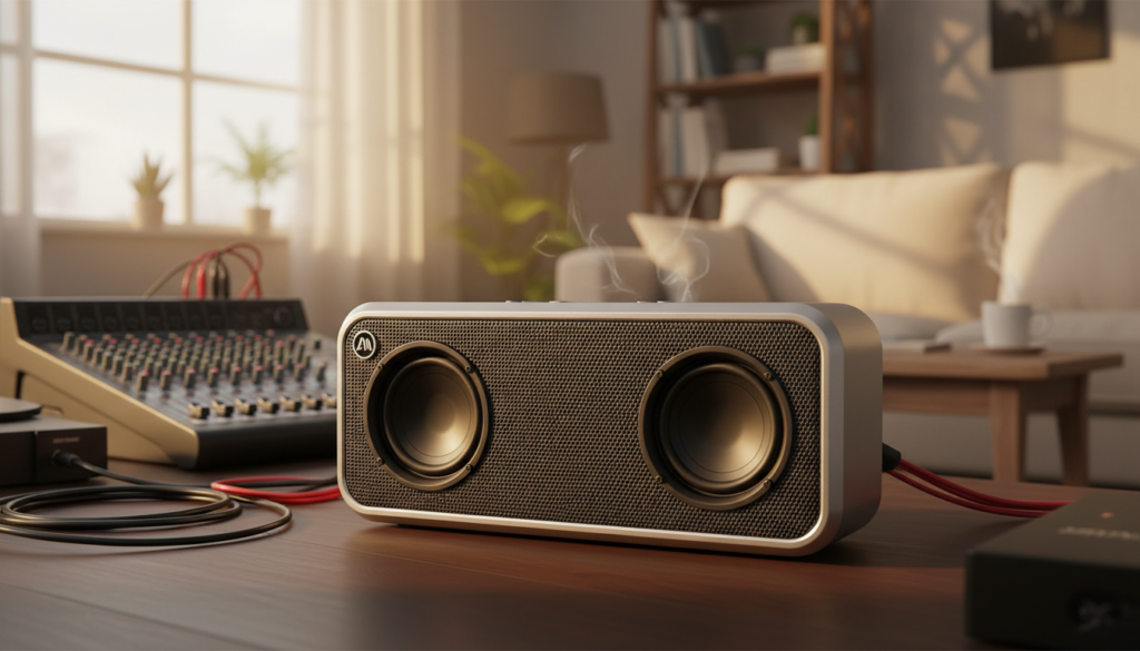 A detailed image of an Aiwa speaker, prominently displayed in the foreground. The speaker should have a sleek, modern design, showcasing its robust build, with distinct brand markings. Surround it with a softly blurred background of a cozy living room setting, where soft ambient lighting creates a warm atmosphere. Incorporate elements like a sound mixing board or audio cables in the middle plane to represent sound quality assessment. The scene should evoke a vibrant mood, emphasizing the high sound quality achieved through powerful RMS output. The image should be bright and welcoming, captured from a slight angle to highlight the speaker's features effectively. A detailed image of an Aiwa speaker, prominently displayed in the foreground. The speaker should have a sleek, modern design, showcasing its robust build, with distinct brand markings. Surround it with a softly blurred background of a cozy living room setting, where soft ambient lighting creates a warm atmosphere. Incorporate elements like a sound mixing board or audio cables in the middle plane to represent sound quality assessment. The scene should evoke a vibrant mood, emphasizing the high sound quality achieved through powerful RMS output. The image should be bright and welcoming, captured from a slight angle to highlight the speaker's features effectively.