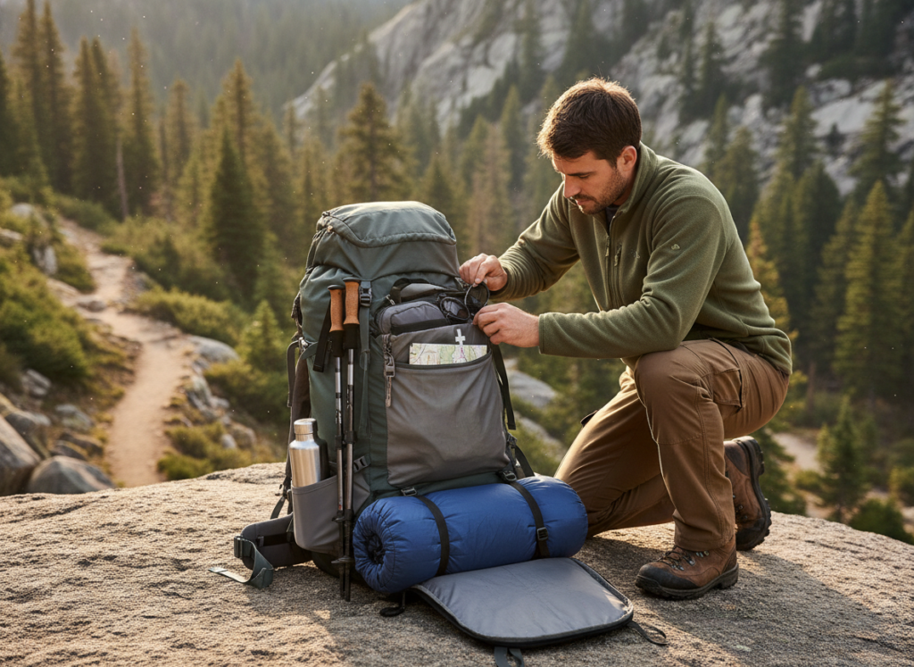 A detailed view of a trekking backpack showcasing its capacity, placed on a natural scenic backdrop of a rugged mountain trail. The foreground features the backpack open, revealing neatly packed outdoor gear, such as a sleeping bag, water bottle, and trekking poles, emphasizing the organization within. In the middle ground, a hiker in modest casual clothing examines the backpack’s features, standing on a rock, with a focused expression. The background displays lush greenery and rocky terrains under soft, golden hour lighting, creating a warm, inviting atmosphere. The angle captures the hiker's perspective, drawing the viewer into the scene while highlighting the practicality and functionality of the trekking backpack. The overall mood is adventurous and focused, inspiring exploration in the great outdoors. A detailed view of a trekking backpack showcasing its capacity, placed on a natural scenic backdrop of a rugged mountain trail. The foreground features the backpack open, revealing neatly packed outdoor gear, such as a sleeping bag, water bottle, and trekking poles, emphasizing the organization within. In the middle ground, a hiker in modest casual clothing examines the backpack’s features, standing on a rock, with a focused expression. The background displays lush greenery and rocky terrains under soft, golden hour lighting, creating a warm, inviting atmosphere. The angle captures the hiker's perspective, drawing the viewer into the scene while highlighting the practicality and functionality of the trekking backpack. The overall mood is adventurous and focused, inspiring exploration in the great outdoors.