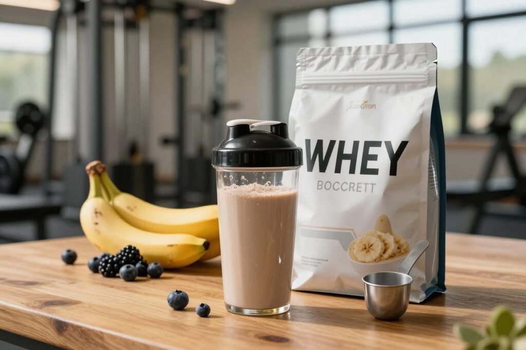 A dynamic and vibrant image showcasing whey protein concentrate for muscle growth. In the foreground, a clear glass shaker filled with a creamy, light-brown protein mixture sits on a wooden table. Beside it, a stylish, metallic scoop leans against a bag of whey protein labeled with a sleek, modern design. In the middle ground, fresh fruits like bananas and berries are artistically arranged, suggesting a healthy blend with the supplement. The background features a softly blurred gym scene with weights and exercise equipment, bathed in warm, natural light from large windows. The overall mood is energetic and inspiring, evoking a sense of health and determination, perfect for fitness enthusiasts seeking muscle growth solutions.