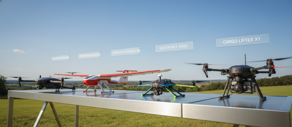A dynamic comparison of five drones set against a clear blue sky, each drone distinctively labeled and arranged on a sleek, modern display table in the foreground. The background features a lush green landscape with subtle hills, enhancing the context of outdoor drone use. The scene is illuminated by bright daylight, creating vibrant colors and strong contrasts. Employ a slight low-angle perspective to emphasize the drones' features. Each drone showcases unique designs, colorful bodies, and propellers, reflecting the latest technology in 2026. The atmosphere is one of excitement and innovation, inviting the viewer to explore the capabilities of these cutting-edge models.