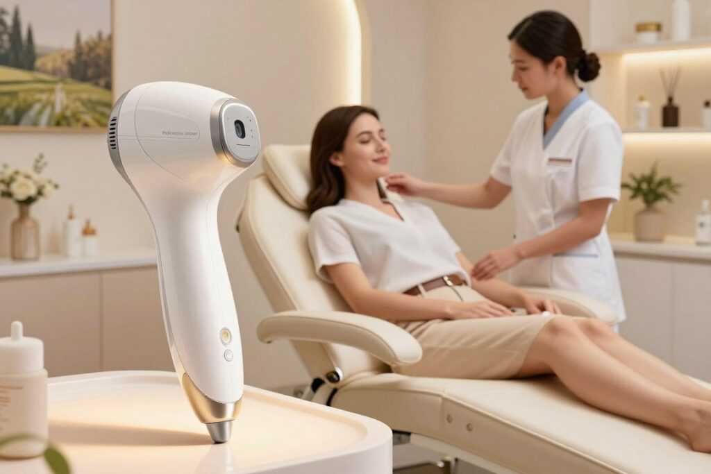 A feminine laser hair removal device elegantly displayed in a modern, softly lit spa environment. In the foreground, the sleek, contemporary design of the laser device glistens under warm ambient lighting, highlighting its ergonomic shape and user-friendly interface. In the middle, a well-groomed woman, dressed in smart casual attire, sits comfortably on a plush treatment chair, displaying a confident and relaxed demeanor as she is attended to by a professional in a crisp medical uniform. The background features tasteful decor, such as serene nature images on the walls and decorative plants, enhancing the serene atmosphere. The overall mood conveys cleanliness, professionalism, and an inviting ambiance, embodying a sense of luxury and comfort associated with effective hair removal treatments.