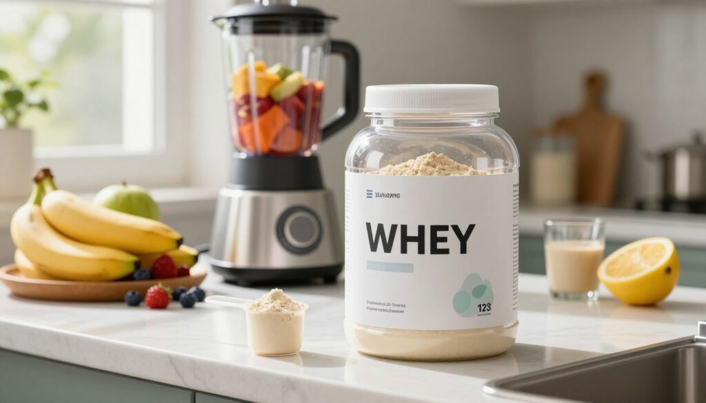 A focused shot of a well-organized kitchen counter featuring a clear, modern whey protein supplement container, placed prominently in the foreground. Include a protein scoop to the side, with a backdrop of fresh fruits like bananas and berries, suggesting healthy mixing options. In the middle ground, display a blender with vibrant smoothie ingredients visible, hinting at practical uses of the protein powder. Natural light streams from a nearby window, casting soft shadows and enhancing the freshness of the scene. The atmosphere should convey health, vitality, and clarity, promoting an understanding of common pitfalls when using protein supplements, while ensuring the setting remains tidy and appealing with no clutter.