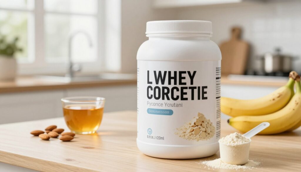 A high-quality, visually appealing representation of whey protein concentrate. In the foreground, a sleek, modern protein powder container, prominently displaying its nutritional label and a scoop beside it, showcasing the fine texture of the powder. The middle ground features a few fresh ingredients like almonds, honey, and bananas, highlighting natural sources of protein. In the background, a bright and airy kitchen setting with soft, natural light pouring in through a window, creating a warm and inviting atmosphere. The overall mood is energetic and health-focused, reflecting a lifestyle centered around fitness and nutrition. Shot with a wide-angle lens to provide depth and clarity, emphasizing the details of the products while maintaining a clean, professional look.