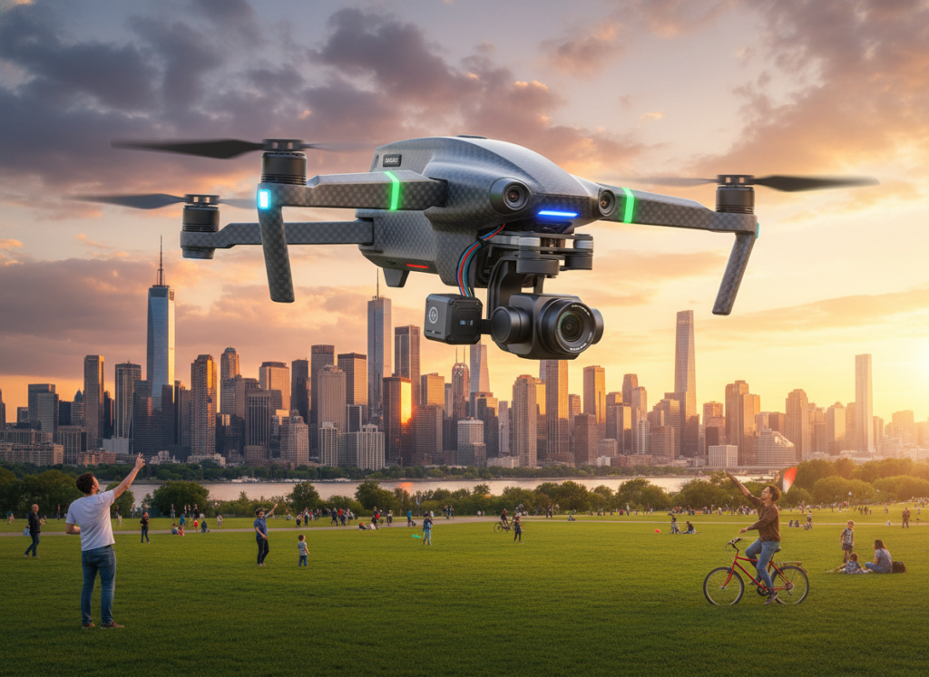 A high-tech drone designed for optimal cost-benefit features prominently in the foreground, showcasing its sleek, aerodynamic design and advanced camera system. The drone is hovering in mid-air, capturing vibrant landscapes below. In the middle ground, a lush green park with people enjoying outdoor activities is visible, emphasizing the drone's utility for recreational photography. The background features a scenic city skyline at sunset, with warm golden and orange hues reflecting off the buildings, creating an artistic atmosphere. The scene is captured with a slight low-angle view, giving the drone a heroic presence, illuminated by soft sunlight that adds depth and highlights its features. The overall mood is one of innovation and excitement in drone technology, with a focus on functionality and accessibility.