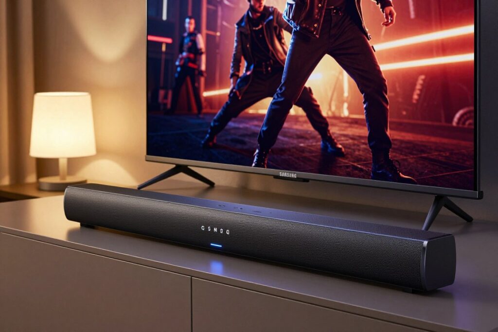 A modern Samsung soundbar showcasing Q-Symphony technology, elegantly placed on a sleek media console. The foreground features the soundbar with a glossy finish and subtle LED indicators glowing softly, emphasizing its advanced design. In the middle, a stylish Samsung television displays a vibrant action scene, harmoniously blending with the soundbar's audio output, creating an immersive viewing experience. The background consists of a cozy living room setting, with warm ambient lighting from strategically positioned lamps, enhancing the inviting atmosphere. The camera angle is slightly elevated, capturing both the soundbar and TV in a flattering composition. The overall mood is contemporary and sophisticated, conveying quality and power in home audio.