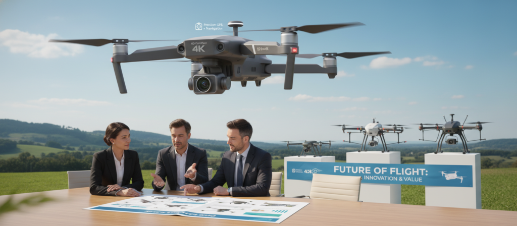 A modern drone hovering mid-air in a scenic outdoor setting, showcasing its features like a high-definition camera and GPS capabilities. In the foreground, a diverse group of three professionals dressed in smart business attire are gathered around a table examining a detailed drone specification sheet, with charts and images of various drone models. The middle ground features more drones in different styles and sizes on display, emphasizing a variety of options. The background consists of a clear blue sky with soft clouds, hinting at ideal flying conditions. The lighting is bright and natural, creating an optimistic and informative atmosphere, perfect for guiding consumers in making the best choice for cost-effective drones.