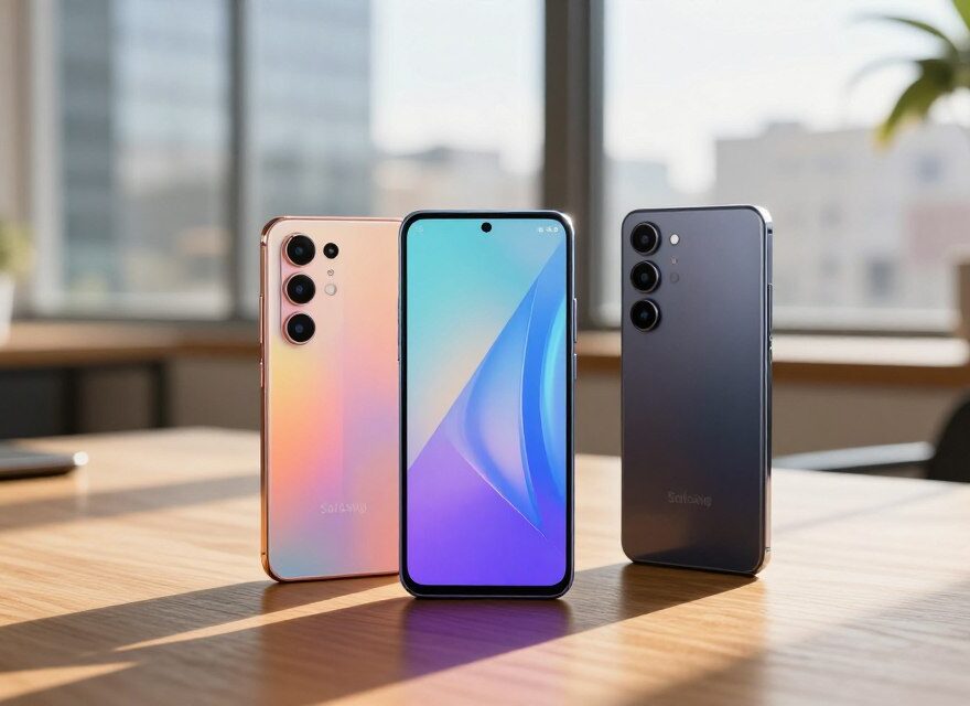 A modern, vibrant smartphone showcasing the latest Samsung models from the A, M, and S series, arranged on a sleek wooden desk. In the foreground, a stylish A-series phone in a vibrant color next to a premium S-series phone with a glossy finish. The M-series phone, in a matte finish, sits slightly behind them, creating a visually appealing depth. The background features a softly blurred urban landscape seen through a large window, with warm afternoon light streaming in, casting dynamic shadows. The atmosphere is professional and inviting, with a hint of excitement about technology. The lens is a 50mm, capturing sharp details while creating a bokeh effect in the background, highlighting the smartphones.