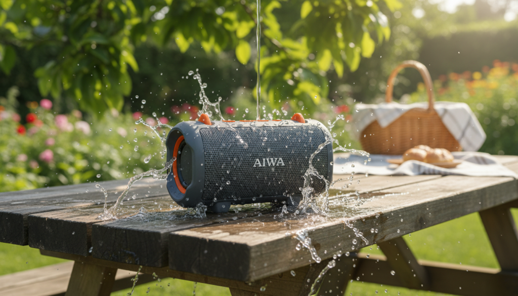 A sleek Aiwa speaker prominently displayed in the foreground, showcasing its durable, water-resistant design. The speaker is positioned on a rustic wooden table, droplets of water splashing around it to emphasize its IPX5 and IP6 rating. In the middle ground, a soft-focus background of a vibrant outdoor setting, perhaps a lush garden or a picnic scene, adds to the atmosphere of versatility. Natural lighting filters through the leaves above, casting gentle highlights on the speaker's surface. The angle captures the speaker slightly from above, emphasizing its features, texture, and robust build. The mood is energetic yet relaxed, highlighting the speaker's suitability for both indoor and outdoor use, illustrating its resilience to water and dust. A sleek Aiwa speaker prominently displayed in the foreground, showcasing its durable, water-resistant design. The speaker is positioned on a rustic wooden table, droplets of water splashing around it to emphasize its IPX5 and IP6 rating. In the middle ground, a soft-focus background of a vibrant outdoor setting, perhaps a lush garden or a picnic scene, adds to the atmosphere of versatility. Natural lighting filters through the leaves above, casting gentle highlights on the speaker's surface. The angle captures the speaker slightly from above, emphasizing its features, texture, and robust build. The mood is energetic yet relaxed, highlighting the speaker's suitability for both indoor and outdoor use, illustrating its resilience to water and dust.