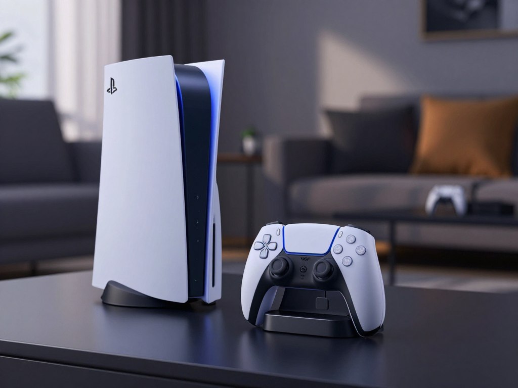 A sleek PlayStation 5 controller charging station prominently featured in the foreground, designed with a futuristic aesthetic, showcasing elegant curves and a glossy finish. The dual controller slots are illuminated by soft blue LED lights, emphasizing the station's rapid charging capability. In the midground, a PlayStation 5 console seamlessly blends into a modern gaming setup, with a stylish backdrop of a cozy living room environment, dimly lit to create an intimate atmosphere. Natural light filters through a window, casting gentle shadows that enhance the depth of the scene. The overall mood is one of advanced technology and relaxation, conveying the essence of fast charging and safety for gamers. Ensure the image is polished and professional, free of any text or branding.