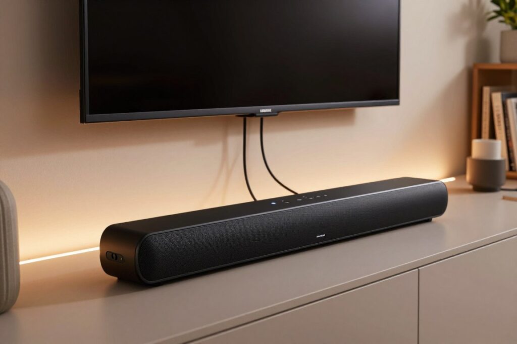 A sleek Samsung Bluetooth soundbar is positioned prominently in the foreground, showcasing its modern design with a glossy black finish and subtle LED indicators. The middle ground features a stylish home entertainment setup, including a television mounted on the wall, with HDMI cables neatly organized. Soft, ambient lighting illuminates the room, casting a warm glow that enhances the soundbar's elegant lines. In the background, hints of decor like bookshelves and decorative plants add depth, creating an inviting atmosphere. The lens captures the scene from a slightly elevated angle, emphasizing both the soundbar's features and the overall aesthetic of a contemporary living space. The mood is sophisticated yet comfortable, highlighting the connectivity options with an emphasis on Bluetooth technology.