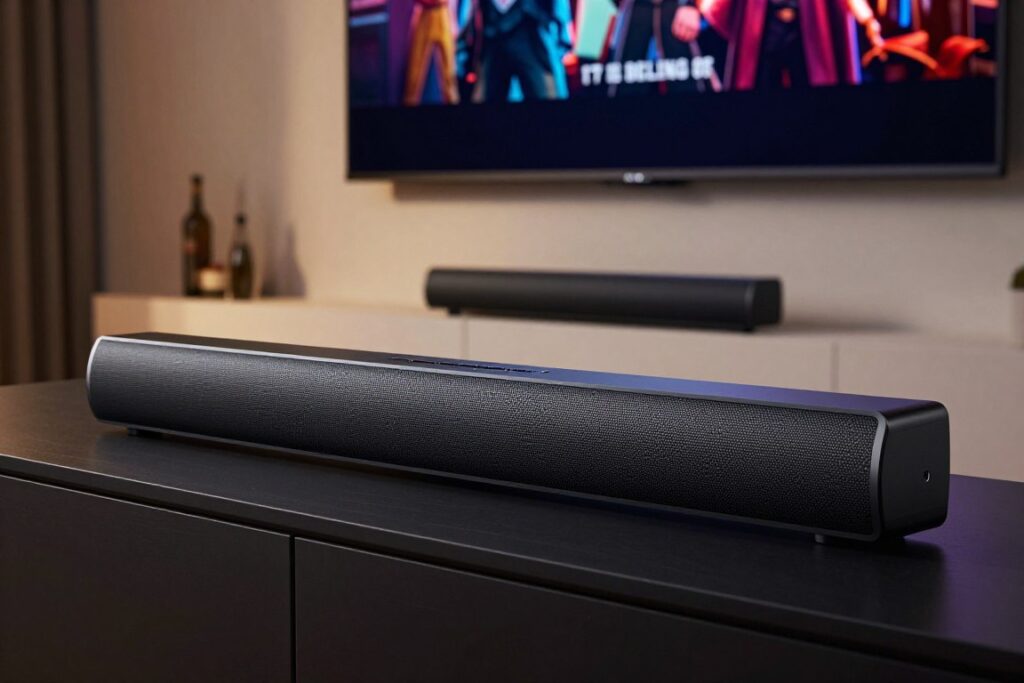 A sleek Samsung soundbar sits prominently in the foreground, showcasing its elegant design with a polished black finish and distinctive speaker grille. In the middle ground, a modern living room setting is depicted, featuring a stylish TV mounted on the wall and sound reflecting from the walls, emphasizing the immersive audio experience. The background includes soft ambient lighting that sets a cozy atmosphere, with a hint of a movie playing on the screen, showcasing vibrant colors which suggest action and drama. The angle is slightly elevated to capture the soundbar’s features in detail, conveying a sense of sophistication. The overall mood is inviting and cinematic, ideal for enhancing movie and series viewing experiences.
