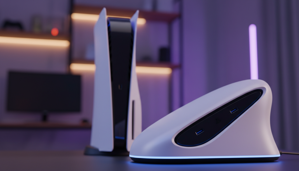A sleek and modern PS5 controller charger sits prominently in the foreground, showcasing its ergonomic design and glossy finish. The charger is styled to match the aesthetic of the PlayStation 5, with white and black accents that catch the eye. In the middle ground, a blurred PS5 console is partially visible, creating a cohesive gaming environment. The background features a soft, ambient light that simulates a gaming room, with subtle hints of LED lighting to enhance the high-tech atmosphere. Utilize a shallow depth of field to focus on the charger while the console and background are artistically blurred. The overall mood is vibrant and exciting, capturing the essence of the gaming experience and the thrill of quick delivery for essential accessories. A sleek and modern PS5 controller charger sits prominently in the foreground, showcasing its ergonomic design and glossy finish. The charger is styled to match the aesthetic of the PlayStation 5, with white and black accents that catch the eye. In the middle ground, a blurred PS5 console is partially visible, creating a cohesive gaming environment. The background features a soft, ambient light that simulates a gaming room, with subtle hints of LED lighting to enhance the high-tech atmosphere. Utilize a shallow depth of field to focus on the charger while the console and background are artistically blurred. The overall mood is vibrant and exciting, capturing the essence of the gaming experience and the thrill of quick delivery for essential accessories.