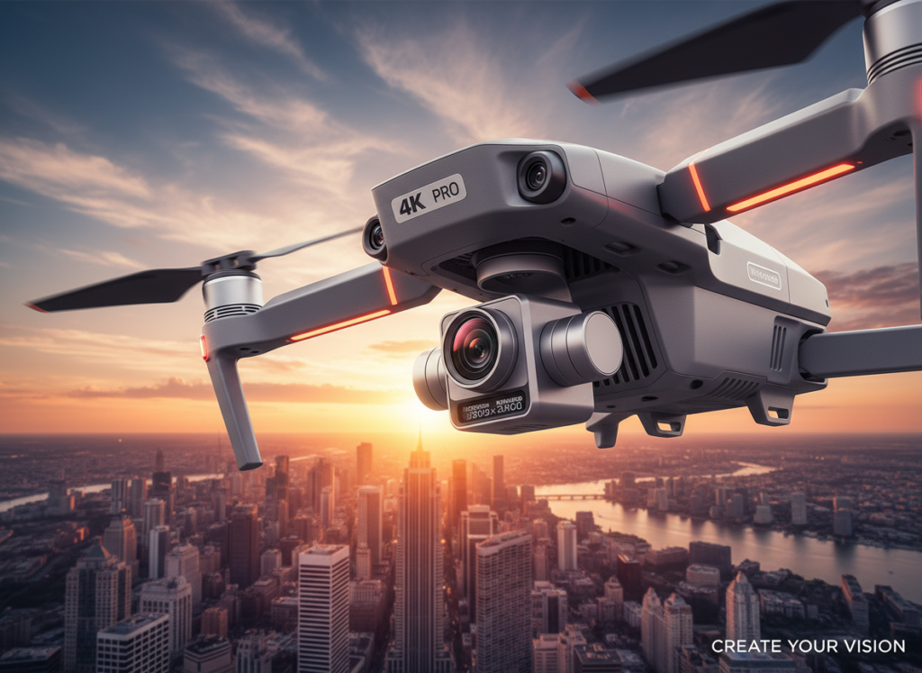 A sleek, modern drone designed for content creators is soaring over a vibrant landscape. In the foreground, the drone is detailed, showcasing its advanced camera with 4K capabilities highlighted. The middle ground features a picturesque view of a city skyline at sunset, bathing the scene in warm golden light. In the background, soft clouds drift in a clear blue sky, enhancing the tranquil yet productive atmosphere. The composition conveys a sense of innovation and creativity, perfect for social media. The image captures a dynamic angle, emphasizing the drone's versatility and smart features, crucial for aspiring influencers and video creators. Overall, the mood is inspiring and forward-looking, ideal for showcasing cutting-edge technology in content creation.