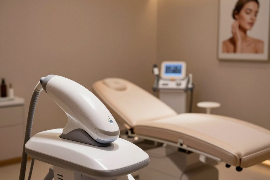 A sleek, modern laser hair removal device prominently displayed in the foreground, designed with a futuristic aesthetic and soft curves. The middle ground features a professional, clean treatment room adorned with soothing colors, showcasing high-tech equipment and a comfortable treatment table. Dim ambient lighting creates a serene atmosphere, while focused spotlights illuminate the device and treatment area, highlighting their advanced technology. In the background, a wall adorned with tasteful art related to beauty and skincare adds depth to the setting. The overall mood is calm and inviting, reinforcing the feeling of trust and professionalism essential for a laser hair removal treatment.