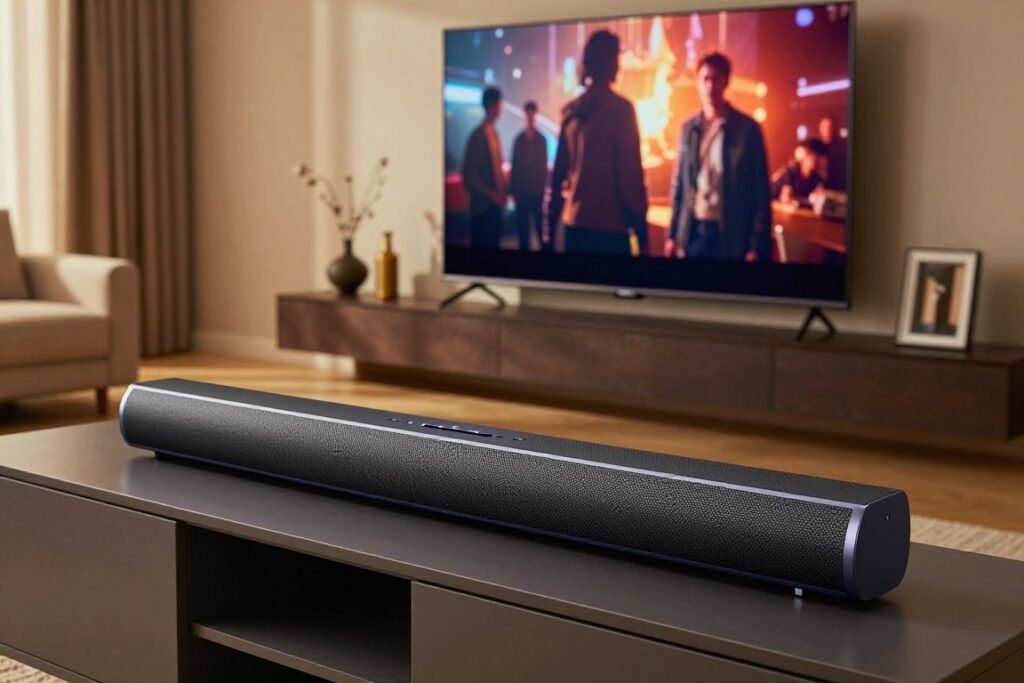 A striking image of the Samsung HW-Q990D soundbar displayed prominently in a modern living room setup. In the foreground, the sleek, high-quality soundbar rests atop a stylish media console, with its elegant design highlighted under soft, warm lighting. The middle ground features a large flat-screen TV mounted on the wall, reflecting a vibrant movie scene to emphasize the immersive experience. In the background, a cozy, well-decorated living space with plush sofas and tasteful decor sets a relaxing atmosphere. The camera angle captures a slightly elevated perspective, showcasing the soundbar’s features, while the overall mood is inviting and sophisticated, suggesting luxury and modern technology. The image should be vivid and richly detailed, creating an alluring representation of the soundbar perfect for a home theater environment.