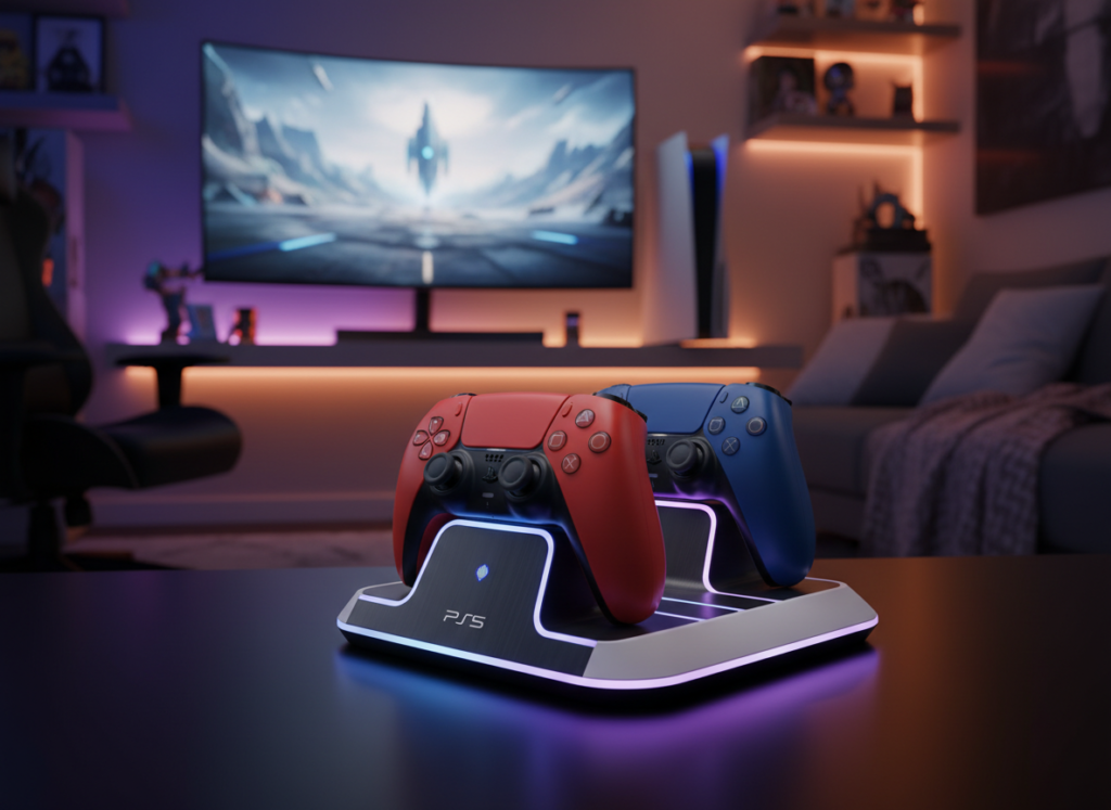 A stylish and modern charging station for PS5 controllers prominently displayed in the foreground, showcasing its sleek design and illumination features. In the middle ground, two PS5 controllers sit neatly on the charging dock, with vibrant colors reflecting off their surfaces, emphasizing detail and texture. The background is softly blurred with a cozy gaming setup, featuring a PS5 console, a large screen displaying a gaming scene, and ambient LED lights to create a dynamic atmosphere. The scene is illuminated with warm, inviting lighting from the charging station, enhancing the futuristic feel of the setting. Capture the entire composition with a wide-angle lens to provide a sense of depth and focus on the charging station as the main subject, evoking a mood of excitement and anticipation for gaming enthusiasts. A stylish and modern charging station for PS5 controllers prominently displayed in the foreground, showcasing its sleek design and illumination features. In the middle ground, two PS5 controllers sit neatly on the charging dock, with vibrant colors reflecting off their surfaces, emphasizing detail and texture. The background is softly blurred with a cozy gaming setup, featuring a PS5 console, a large screen displaying a gaming scene, and ambient LED lights to create a dynamic atmosphere. The scene is illuminated with warm, inviting lighting from the charging station, enhancing the futuristic feel of the setting. Capture the entire composition with a wide-angle lens to provide a sense of depth and focus on the charging station as the main subject, evoking a mood of excitement and anticipation for gaming enthusiasts.