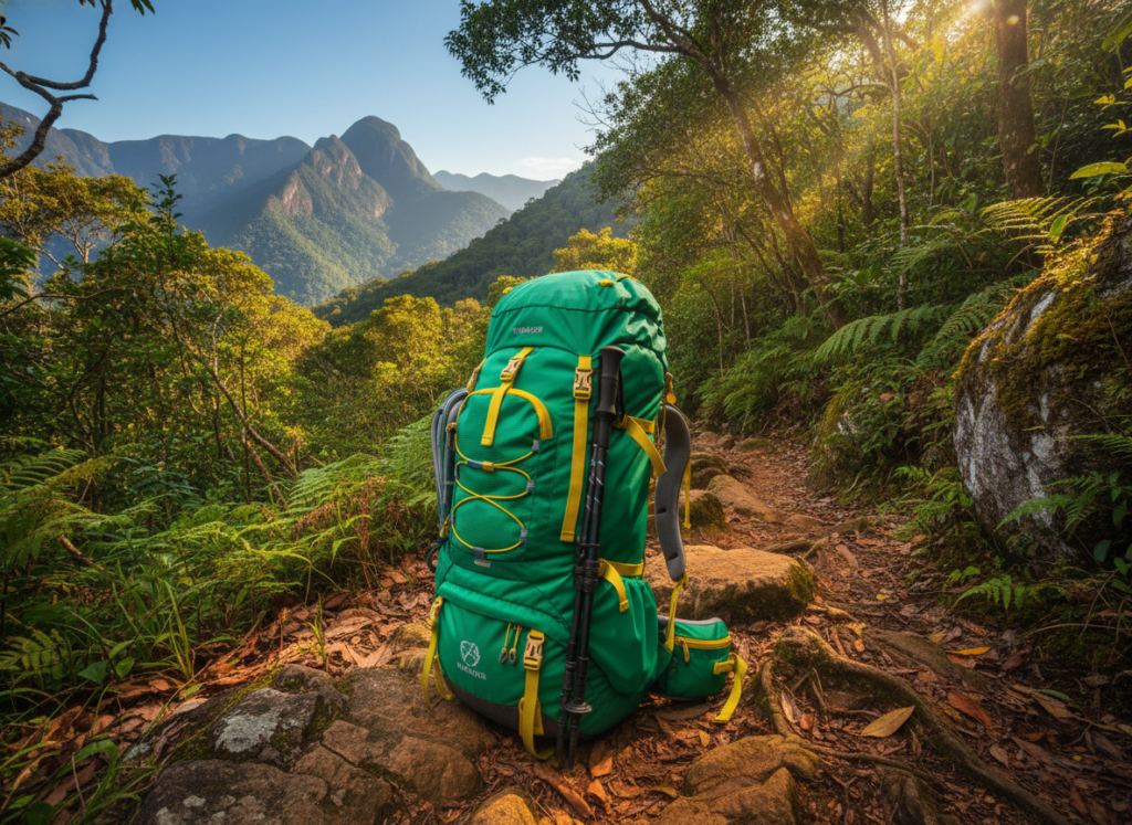 A vibrant scene showcasing an ideal trekking backpack designed for hiking in Brazil. In the foreground, a spacious, well-structured backpack is displayed, featuring multiple compartments and ergonomic straps, positioned on a rocky trail. The middle ground reveals a lush, green forest with sunlight filtering through the trees, casting dappled light upon the ground. A winding path extends into the background, leading to a stunning vista of a distant mountain range under a clear blue sky. The mood is adventurous and inviting, perfect for outdoor enthusiasts. Natural lighting emphasizes the vibrant colors of the backpack and the surrounding nature, captured with a wide-angle perspective to evoke a sense of exploration and freedom. A vibrant scene showcasing an ideal trekking backpack designed for hiking in Brazil. In the foreground, a spacious, well-structured backpack is displayed, featuring multiple compartments and ergonomic straps, positioned on a rocky trail. The middle ground reveals a lush, green forest with sunlight filtering through the trees, casting dappled light upon the ground. A winding path extends into the background, leading to a stunning vista of a distant mountain range under a clear blue sky. The mood is adventurous and inviting, perfect for outdoor enthusiasts. Natural lighting emphasizes the vibrant colors of the backpack and the surrounding nature, captured with a wide-angle perspective to evoke a sense of exploration and freedom.