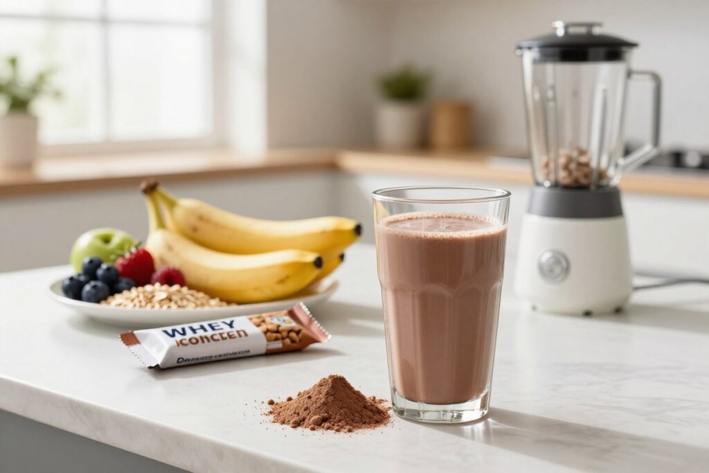 A visually appealing arrangement showcasing the benefits of whey protein concentrate in a clean, modern kitchen setting. In the foreground, a stylish glass filled with a creamy, chocolate-flavored whey protein shake, with a few protein powder scoops beside it. The middle section features a variety of fresh fruits and ingredients, such as bananas, berries, and oats, alongside a mixer and a protein bar. In the background, soft, natural light streams in through a window, illuminating the space with a warm and inviting atmosphere. The focus is on freshness and health, suggesting daily use and enjoyment, captured from a slightly elevated angle to provide depth and context while maintaining a clean composition without any text or logos.