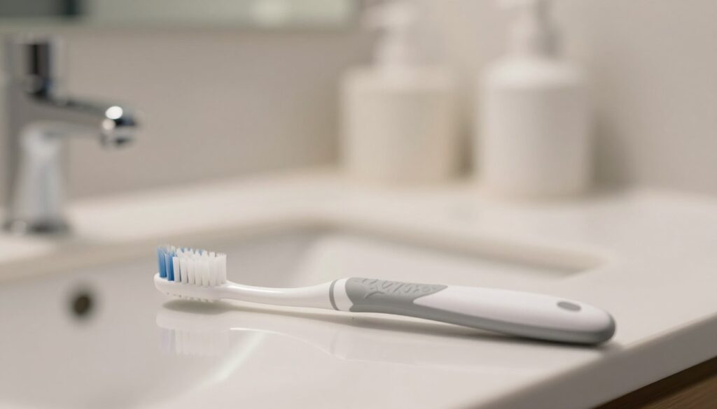 A well-designed Sensodyne Gentle toothbrush rests prominently in the foreground, showcasing its sleek, ergonomic handle in a non-slip grip. The toothbrush head is small and delicately contoured for gentle cleaning, with soft bristles that appear inviting and effective. Soft, diffused lighting highlights the toothbrush, creating subtle reflections that emphasize its modern design. In the middle ground, a clean bathroom counter adds context, featuring a soft-focus background with hints of a mirror and minimalistic decor to keep the viewer's attention on the toothbrush. The atmosphere is calm and hygienic, promoting a sense of care and cleanliness. The image is shot at eye level, with a shallow depth of field to create a professional, polished feel.
