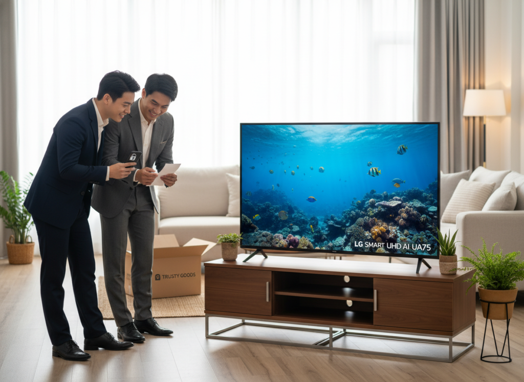 A well-lit, modern living room featuring a sleek LG Smart TV UHD AI UA75, displaying vibrant colors and sharp images, positioned prominently on a stylish entertainment unit. In the foreground, a cheerful couple in professional business attire examines a receipt and a secure payment app on a smartphone, symbolizing safe online purchasing habits. The middle ground shows a delivery box partially opened with branded tape, indicating a recent delivery. The background is a cozy and inviting space with soft lighting, decorative plants, and a large window allowing natural light to illuminate the scene. The overall atmosphere is reassuring and optimistic, emphasizing the theme of safe purchasing in the digital age.