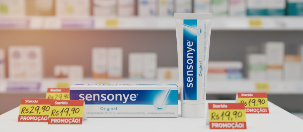An elegant display of a Sensodyne Original toothpaste tube positioned prominently in the foreground, with its distinct blue and white packaging visible against a softly blurred pharmacy shelf backdrop. Surrounding the tube are subtle hints of price tags featuring attractive discounts in Brazilian currency, showcasing affordability. The lighting is warm and inviting, casting a gentle glow on the product and creating a sense of trust and reliability. The camera perspective is slightly angled from above, allowing a clear view of the tube while including a hint of the pharmacy environment. The overall atmosphere is serene and informative, emphasizing the message of finding Sensodyne Original at the best price in Brazil.