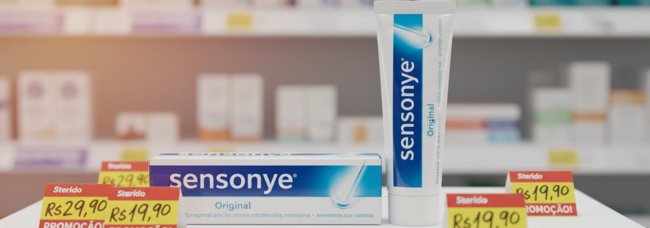 Sensodyne original preço no Brasil onde comprar barato 1 An elegant display of a Sensodyne Original toothpaste tube positioned prominently in the foreground, with its distinct blue and white packaging visible against a softly blurred pharmacy shelf backdrop. Surrounding the tube are subtle hints of price tags featuring attractive discounts in Brazilian currency, showcasing affordability. The lighting is warm and inviting, casting a gentle glow on the product and creating a sense of trust and reliability. The camera perspective is slightly angled from above, allowing a clear view of the tube while including a hint of the pharmacy environment. The overall atmosphere is serene and informative, emphasizing the message of finding Sensodyne Original at the best price in Brazil.