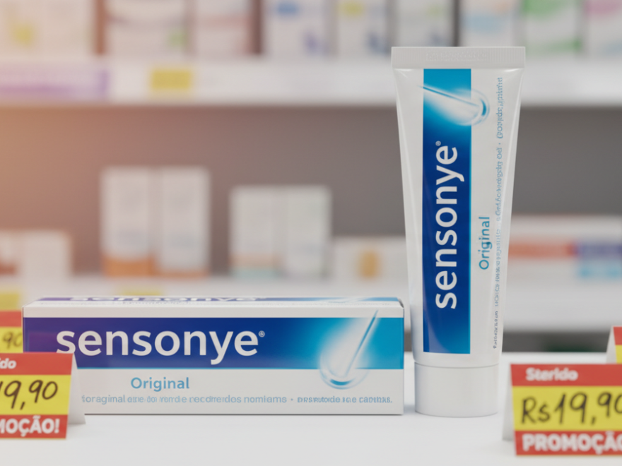 An elegant display of a Sensodyne Original toothpaste tube positioned prominently in the foreground, with its distinct blue and white packaging visible against a softly blurred pharmacy shelf backdrop. Surrounding the tube are subtle hints of price tags featuring attractive discounts in Brazilian currency, showcasing affordability. The lighting is warm and inviting, casting a gentle glow on the product and creating a sense of trust and reliability. The camera perspective is slightly angled from above, allowing a clear view of the tube while including a hint of the pharmacy environment. The overall atmosphere is serene and informative, emphasizing the message of finding Sensodyne Original at the best price in Brazil.